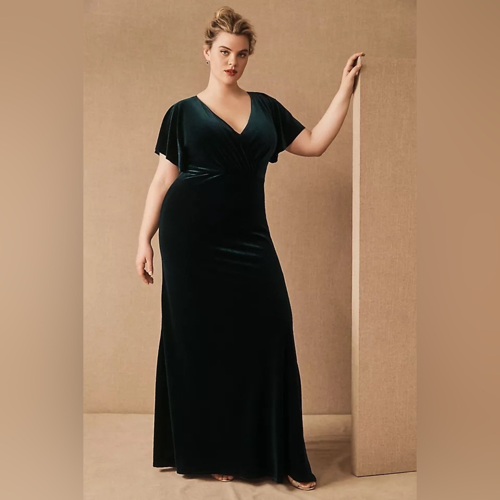 JENNY YOO Ellis Flutter-Sleeve Open-Back Stretch Velvet Gown - Dark Emerald